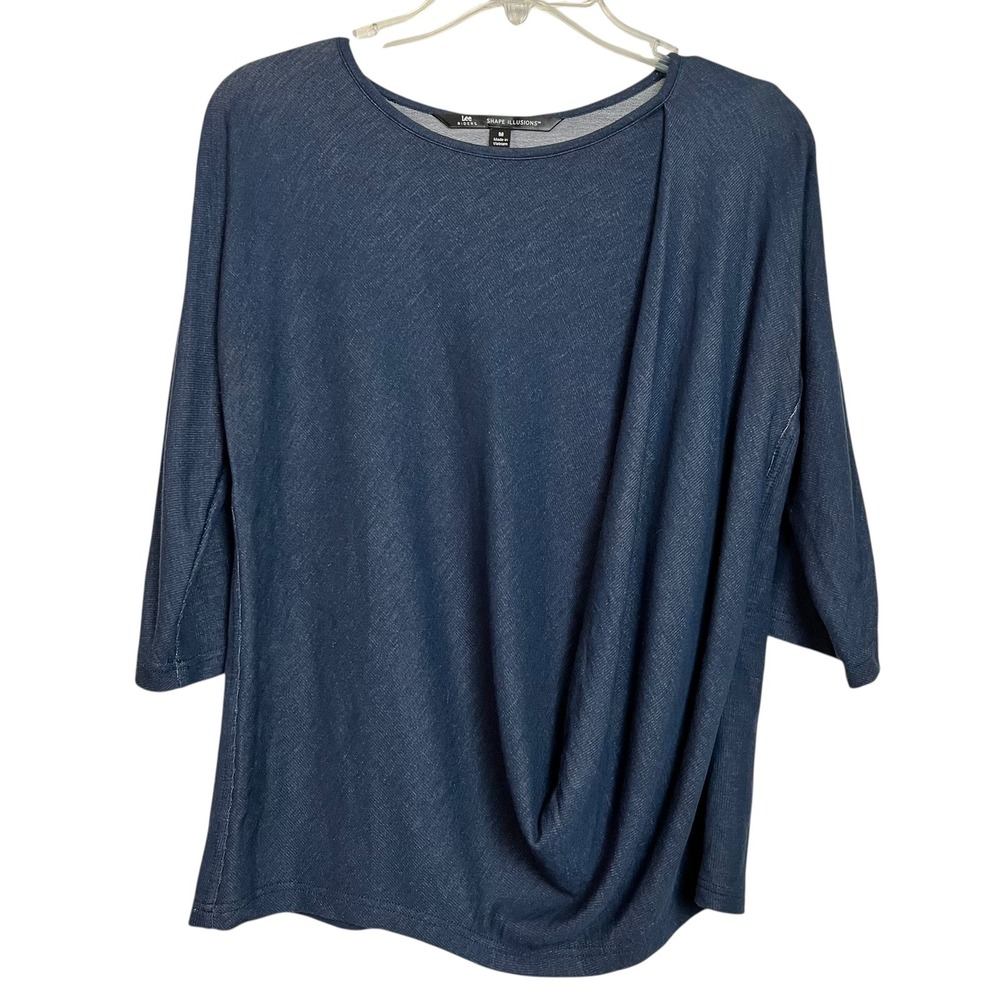 Lee Riders Shape‎ Illusions Blue Denim Look Knit Top Women's M 3/4 Sleeve Drape